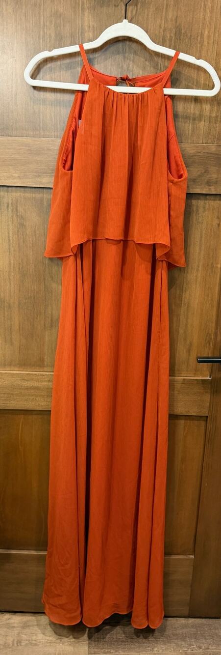 Davids Bridal Size 4 Gown Sienna Burnt Orange Chiffon Layered Halter Maxi Dress